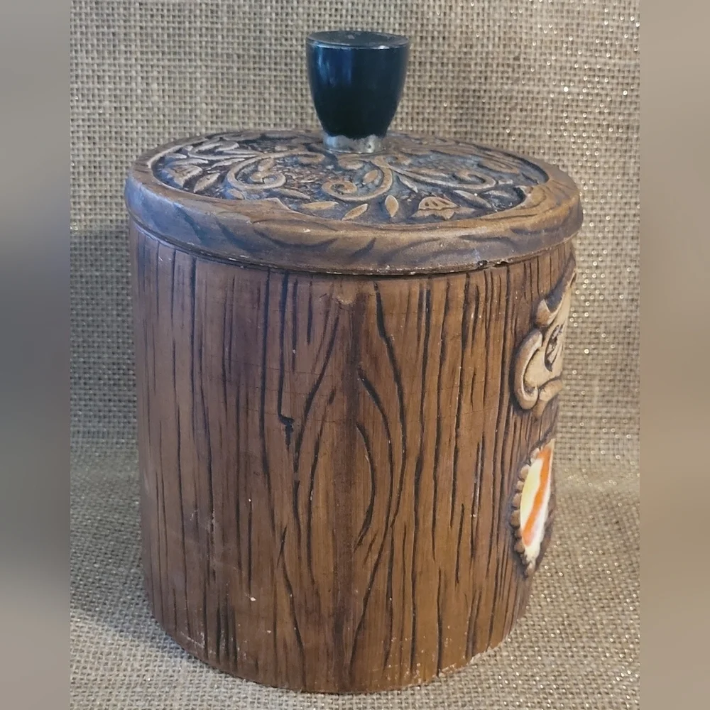 Vintage Treasure Craft Coffee Canister Faux Bois Wood Look Ceramic Tree & Leaves